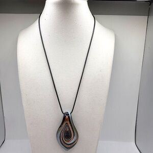 Leaf Pendant • Black Gold Silver White Swirl Lampwork